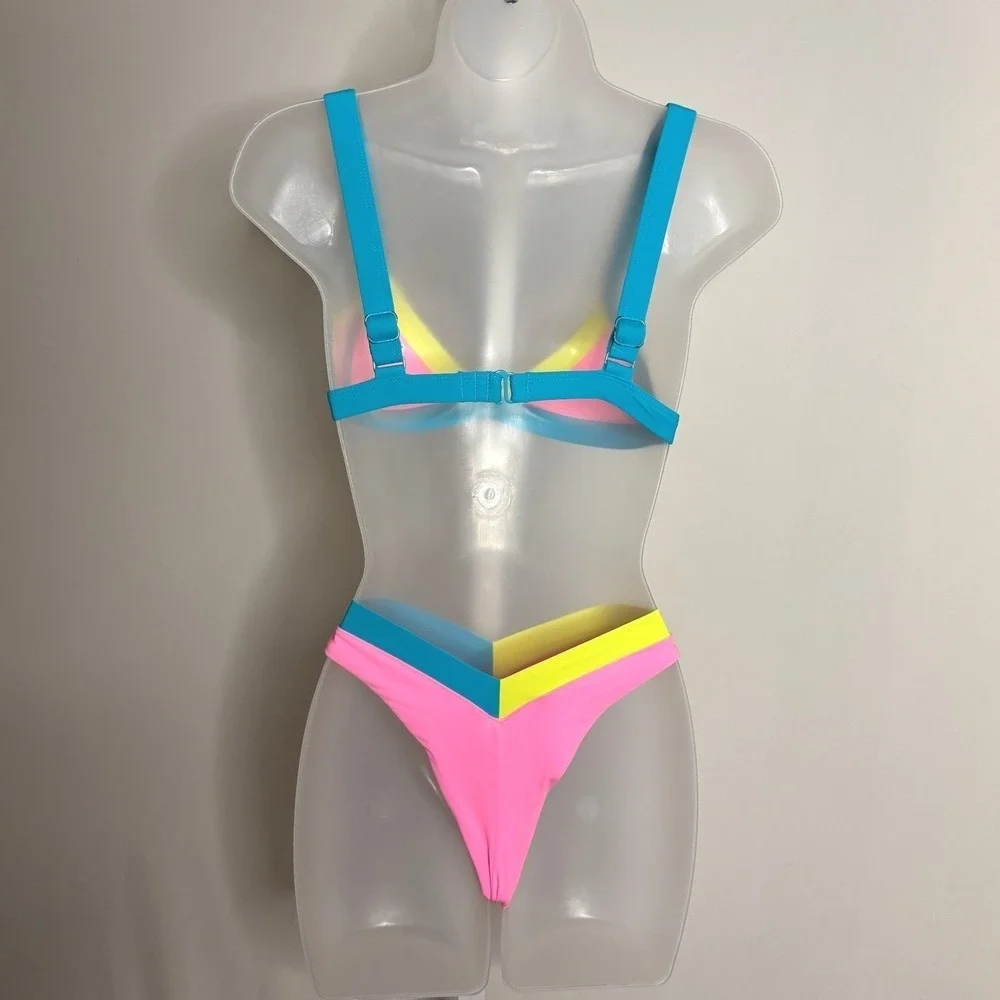 ONEONE‎ | Women Neon Colorblock Bikini Set Pink Blue Yellow | Size S